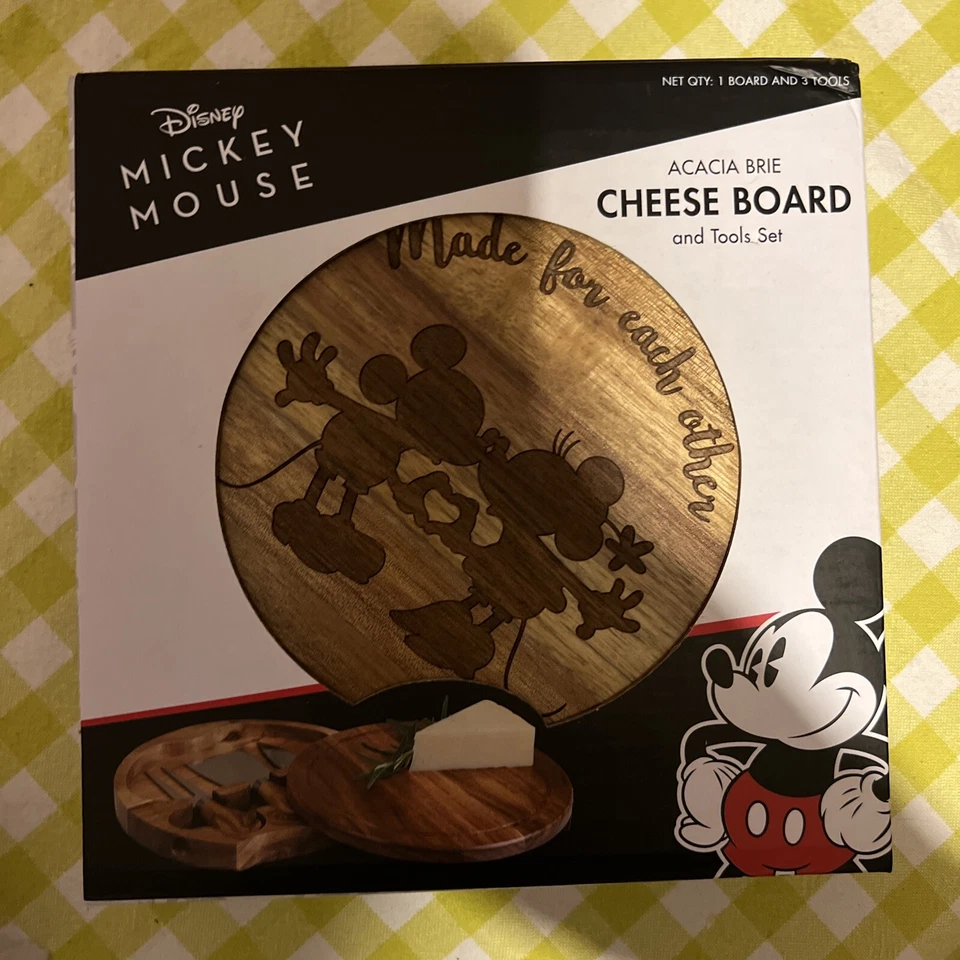 Disney Mickey & Minnie Mouse Acacia Brie 7.25" Wood Cheese Board & Tool Set NEW - Image 1 of 1