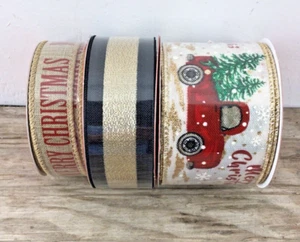Christmas Ribbon Various Designs Wired Edge W 2.5" 1.5" 1" 30 FT L Lot of 3 - Picture 1 of 10