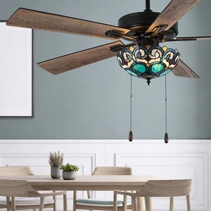 Stained Glass Ceiling Fan with Lights & Remote Tiffany Chandelier 52" Aqua Blue - Picture 1 of 9