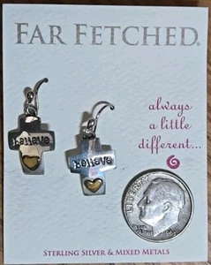 Sterling Silver and Bronze Far Fetched Believe / Heart / Cross Earrings - EW-613 - Picture 1 of 3