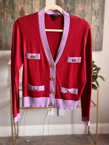 Ann Taylor Cardigan, Pomegranate Red with Lavender Trim, Gold Buttons, M - Picture 1 of 3