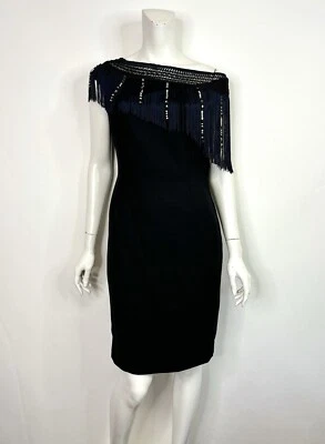 Vestido De Colección Gianni Versace Años 80 Negro Azul Marino Flecos IT40 US6 Foto 1 de 4