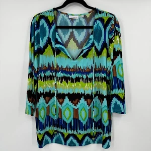 Susan Graver Ikat Print Tunika Oberteil Damen Gr. L Blau Grün Langarm - Bild 1 von 10