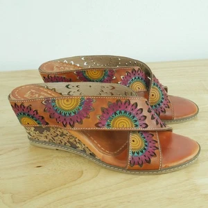 Spring Step L'artiste Sandals 41 9.5 10 Cork Wedge Heel Slip On Floral Leather - Picture 1 of 10