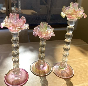 3 Rosen Kerzenständer Kunstglas floral rosa grün Blume elegant romantisch - Bild 1 von 8