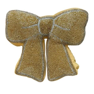 Glitz & Glimmer Beaded Gold Velvet Bow Pillow Holiday Glam Designer Decor New - Picture 1 of 10