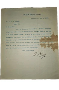 1892 Lettera del Senato degli Stati Uniti firmata dal senatore William P. Frye su Navy Yard a... - Foto 1 di 1