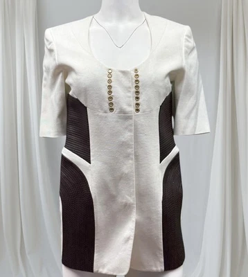 Falda y Chaqueta Gianfranco Ferre Lino Blanco Con Cuero Marrón Chocolate 38/S Foto 1 de 4