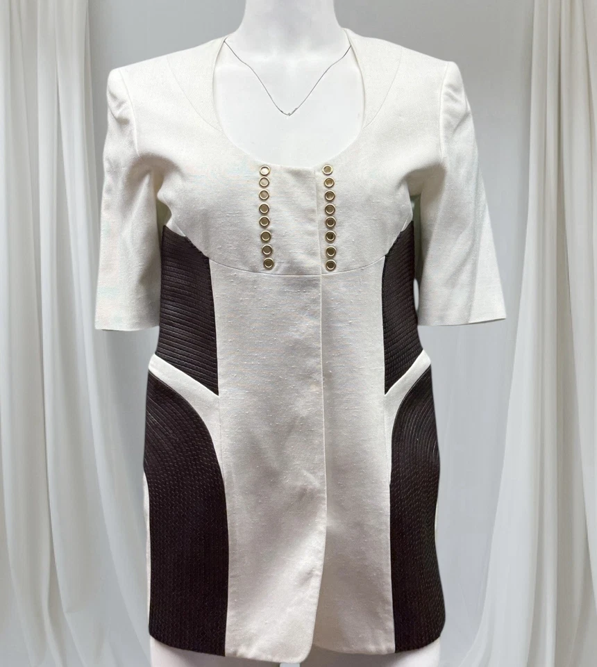 Falda y Chaqueta Gianfranco Ferre Lino Blanco Con Cuero Marrón Chocolate 38/S Foto 1 de 4