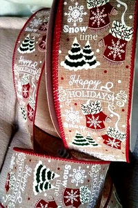 Christmas 2.5" x 2 yds Happy Holiday Wired Ribbon Snow Mittens Trees Red Green - Picture 1 of 6