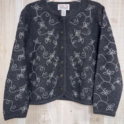 Vtg 90’s Wool Cardigan Gray Whimsical Embroidery Cottage Prairie Cozy M - Image 1 of 4