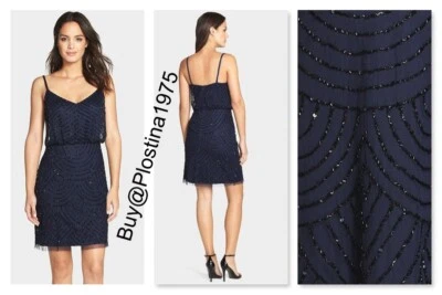  Nuevo con etiquetas Vestido Blusa Adrianna Papell Lentejuelas Malla Azul Marino/Negro Talla 12  Foto 1 de 4