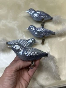 Vintage German Glitter Feather Clip On Tree Ornaments Set Mercury - Picture 1 of 6