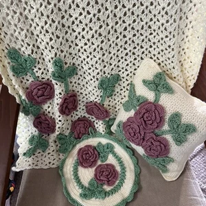 3pc Handmade Crochet 3D Rose Small Afghan, Pillow & 11” D Wall Hanging 35x39” - Picture 1 of 6
