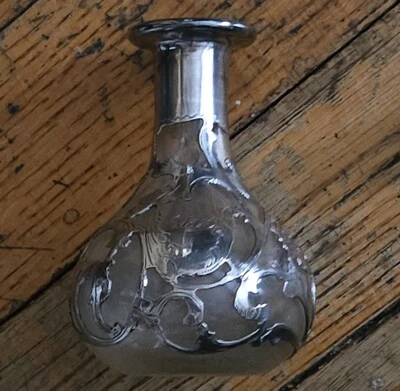 Antique Bottle Or Bud Vase American Art Nouveau Clear Glass With Silver Overlay - Image 1 of 4