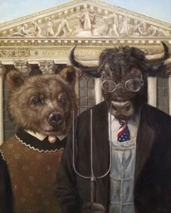 Wall Street Gothic by L. Heffernan Comical Bear and Bull Parody Art Print 11x14 - Picture 1 of 1