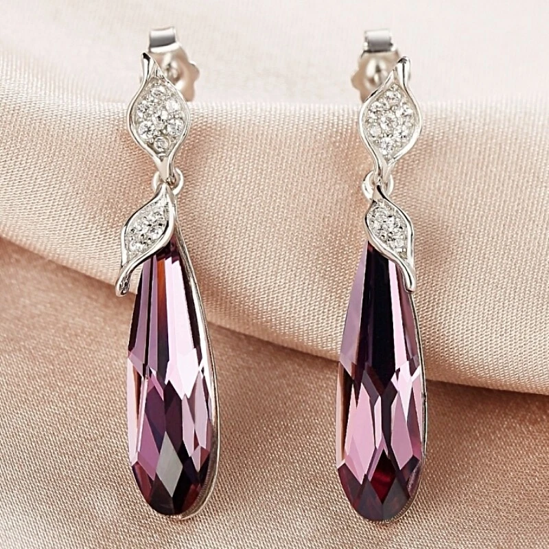 S925 Sterling Silver Made With SWAROVSKI Crystal Long Oval Amethyst Earrings - Image 1 of 4