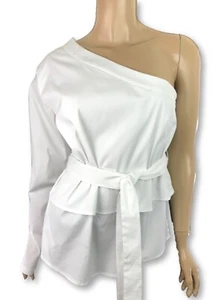 Tome Size 4 White One Shoulder Top Blouse Tie at Waist One Long Sleeve Cotton BL - Picture 1 of 8