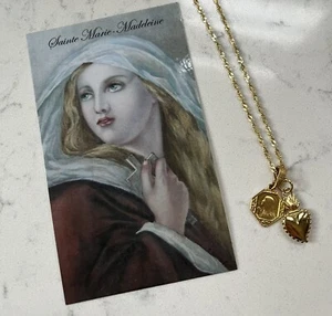 Vintage French Saint Mary Magdalene Medal Sacred Heart Charm Pendant Jewlery - Picture 1 of 5