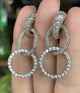 Judith Ripka 925 Silver Diamonique Circle Dangle Earrings - Picture 1 of 12