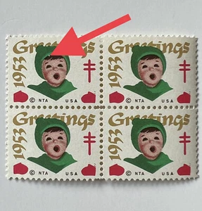 ERROR 1953 CHRISTMAS SEAL BLOCK STAMPS WITH WHITE DOT ON HEAD MNH - Picture 1 of 4