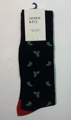 Calcetines Crown & Ivy para hombre hoja de acebo de vacaciones negros con verde y rojo talla 8-12 elegantes Foto 1 de 4