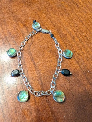 PULSERA VINTAGE PLATA ESTERLINA 925 ABULÓN Y ÓNIX DIJE 7-8" Foto 1 de 4