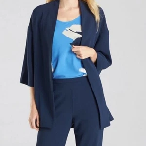 Blazer kimono Natori tinta unita blu crepe aperto davanti topper nuovo con etichetta oversize GRANDE - Foto 1 di 14