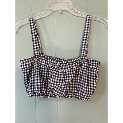 H&M Divided Black White Gingham Crop Top Size 4 Square Neck Ruffle Straps - Image 1 of 4