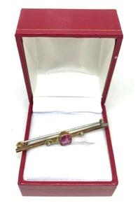 Vintage Brosche 9 kt Anstecknadel mit rosa Stein und Saatperlen 5 cm lang - Bild 1 von 6