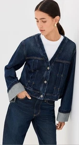 NWT $TWP "Dusty" Luxe Pintucked Large Cuff Dark Wash Cotton Denim Jean Jacket M - Picture 1 of 24