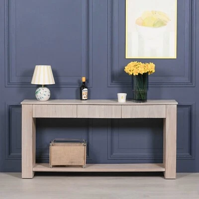 Blanched Contemporary Fluted Ribbed Acacia Wooden Console Table With Drawers - Image 1 of 4