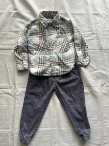 Stitch & Stone Size 3T Boys Flannel Buffalo Plaid Button Up Shirt and Pants Grey - Picture 1 of 15
