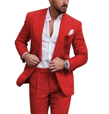 Linen Summer Men Suits for Wedding Groom Tuxedos Casual Beach  Suit Set - Image 1 of 4