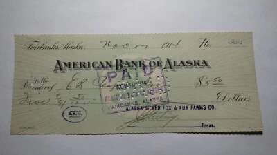 $5.50 1914 Fairbanks Alaska AK Cancelled Check! American Bank Of Alaska! - Image 1 of 2