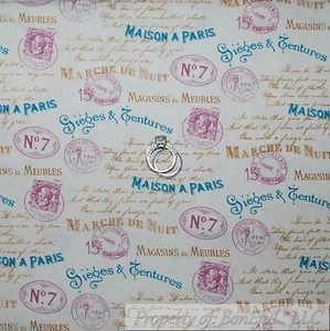 BonEful Fabric FQ Cotton Quilt VTG Cream Blue Gold Pink Shabby Chic French Word - Picture 1 of 6