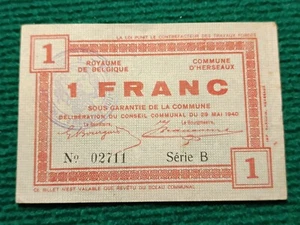 BILLET BELGIQUE D'URGENCE - 1 FRANC - COMMUNE D'HERSEAUX - 1940 NEUF - Foto 1 di 2