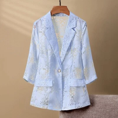 Ladies Thin Casual Suit Jacket Hollow Out 3/4 Sleeve Blazer Coat Floral Summer - Image 1 of 4