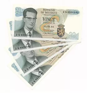 Belgium 20 Francs 1964  P. 138 / 138c aUnc Notes - 4 Consecutive - - Picture 1 of 2