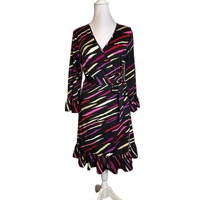 Julie Brown NYC Wrap Dress Womens Size M Black Red Pink Stretchy Ruffled 70's - Image 1 of 4