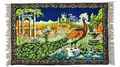 Vintage Velvet Peacock Tapestry Wall Hanging 64” x 38" Original 70's Bohemian - Image 1 of 4