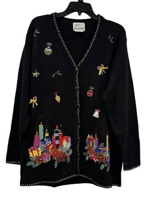 Vintage Quacker Factory Knit Embroidered Christmas Cardigan: Ornaments: L - Image 1 of 4