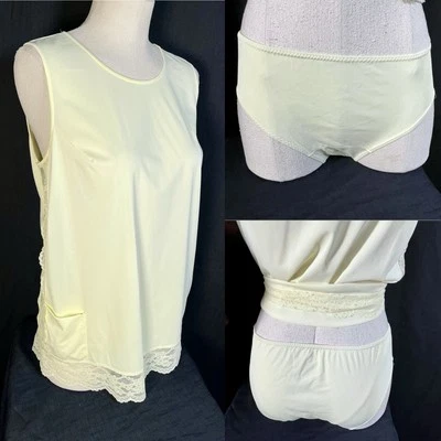 Vtg BabyDoll Gown & Bikini Panty Set Shadowline POCKET Nylon Lace 70s Yellow S - Image 1 of 4