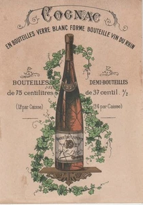 "COGNAC en bouteilles verre blanc" Etiquette-chromo originale fin 1800 - Foto 1 di 1