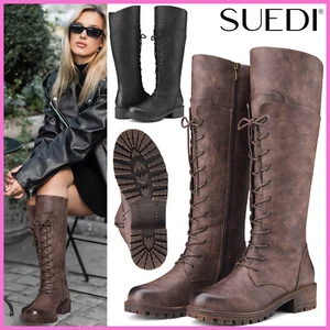 SUEDI Women Combat Riding Boots Knee High Lace Up &Zipper Motorcycle Biker Boots - Picture 1 of 29