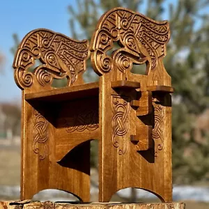 Handmade Viking Wooden Bench Huginn & Muninn Solid Oak Modular Furniture - Picture 1 of 10