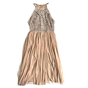 Women's Midi Dress UK Size 8 with Halter Neck Tulle Sequin Taupe Blush For Prom - Picture 1 of 7
