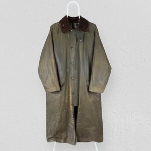Vintage 80s Barbour Burghley C40 Medium Olive Green Full Long Waxed Country Coat - Picture 1 of 5