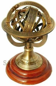 Antique Astrolabe Brass Sphere Armillary Vintage Nautical Decor Wooden Base - Picture 1 of 4