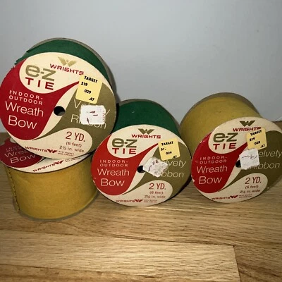 4 MCM Wrights Velvet Wreath Bows Ribbon Green Gold 2 Yd Each 2 1/2” Christmas - Image 1 of 3